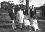 Archibald, Constance, Harold and Peggy Beatty; Stan, Gordon and Hilda Forster by garden gate at Carron Vale, Mooroolbark, Victoria c. 1925