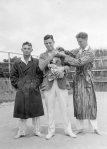 Sturdie Oldham; Don Ward; Harold Beatty in pyjamas on tennis court at Carron Vale, Mooroolbark 1926