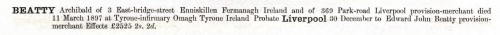 Archibald Beatty death, 1897 from Index of Wills