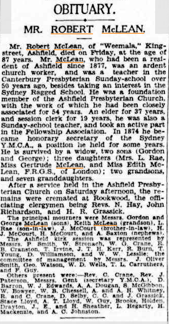 Robert mcLean obit SMH 4 April 1932