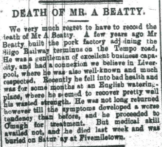 Archibald Beatty burial at Fivemiletown 1897