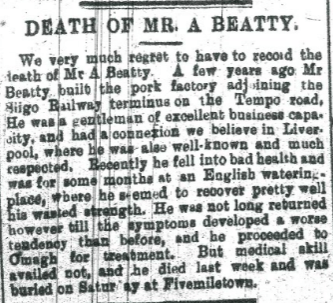 Archibald Beatty burial at Fivemiletown 1897