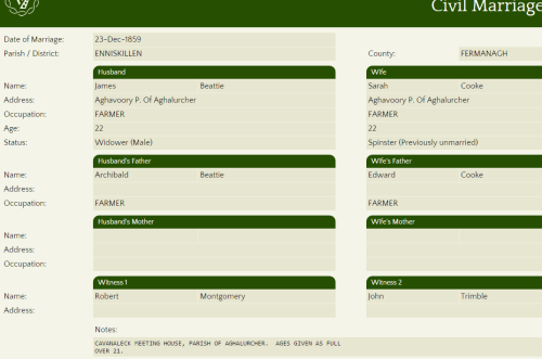 Second marriage of James Beatty of Aghavoory, WIDOWER in 1859 giving the name of his father